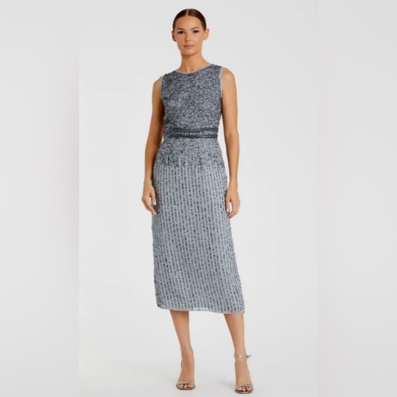 Mac Duggal Dresses & Skirts - NWT | Mac Duggal A10509 Platinum Gray Sleeveless Beaded Midi Dress Size 4